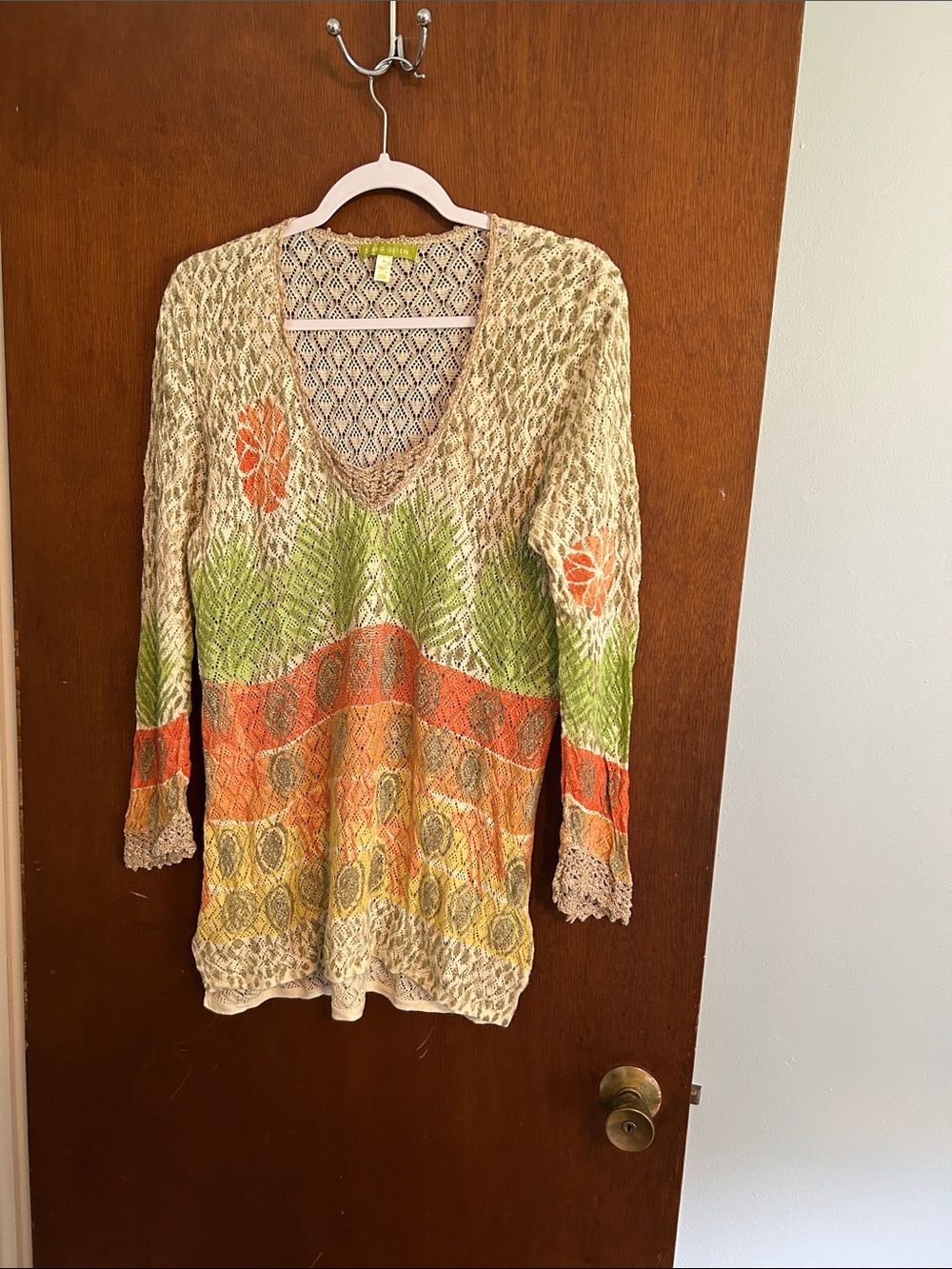 Sigrid Olsen Cream Crochet V-Neck Tunic with Green and Orange Accents